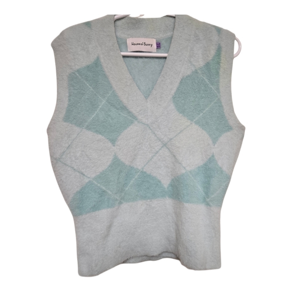 House of Sunny Blue Argyle Fuzzy Knit Vest Size 8 Y2K Preppy